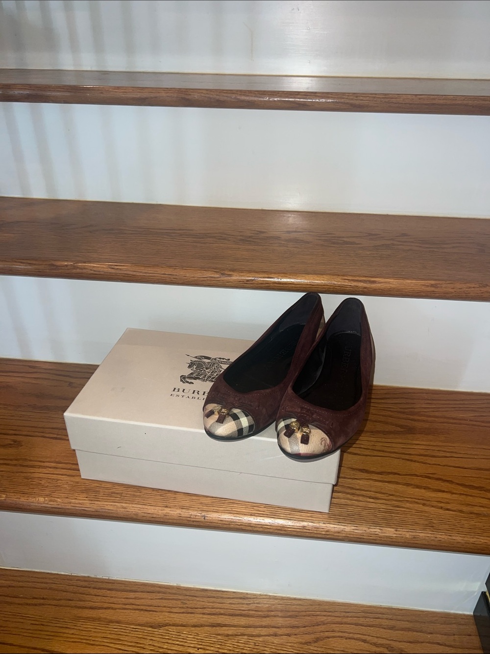 Burberry Women’s Brown Suede Ballet Flats with Check Cap-Toe, Size 39. Like New.
